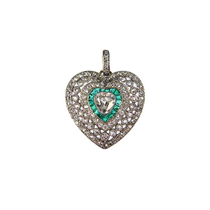 Early 20th century diamond and emerald cluster heart pendant